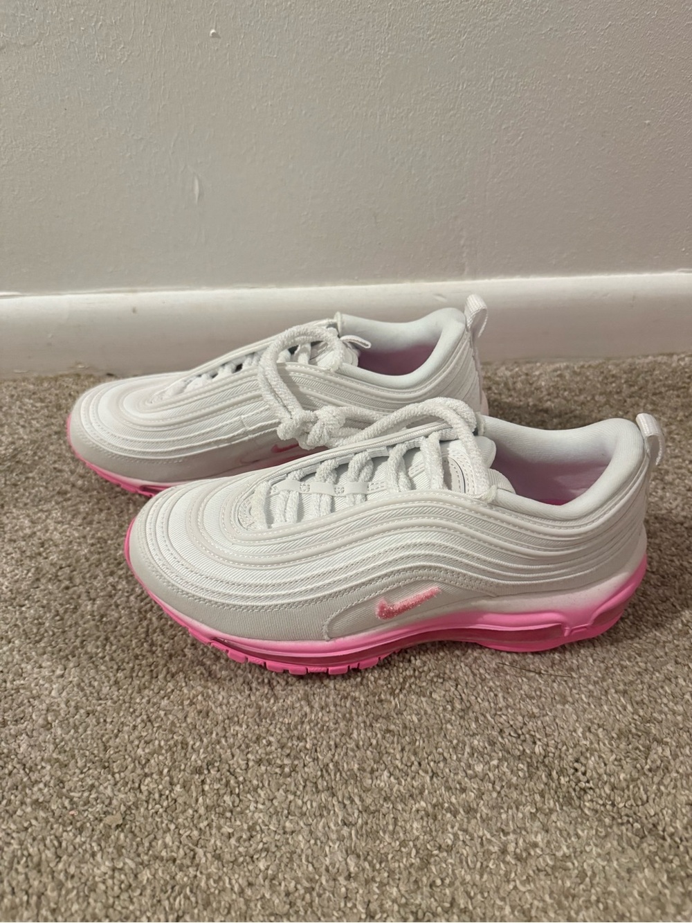 Nike Womens Air Max 97 White and Pink Air-Style Athletic Shoes